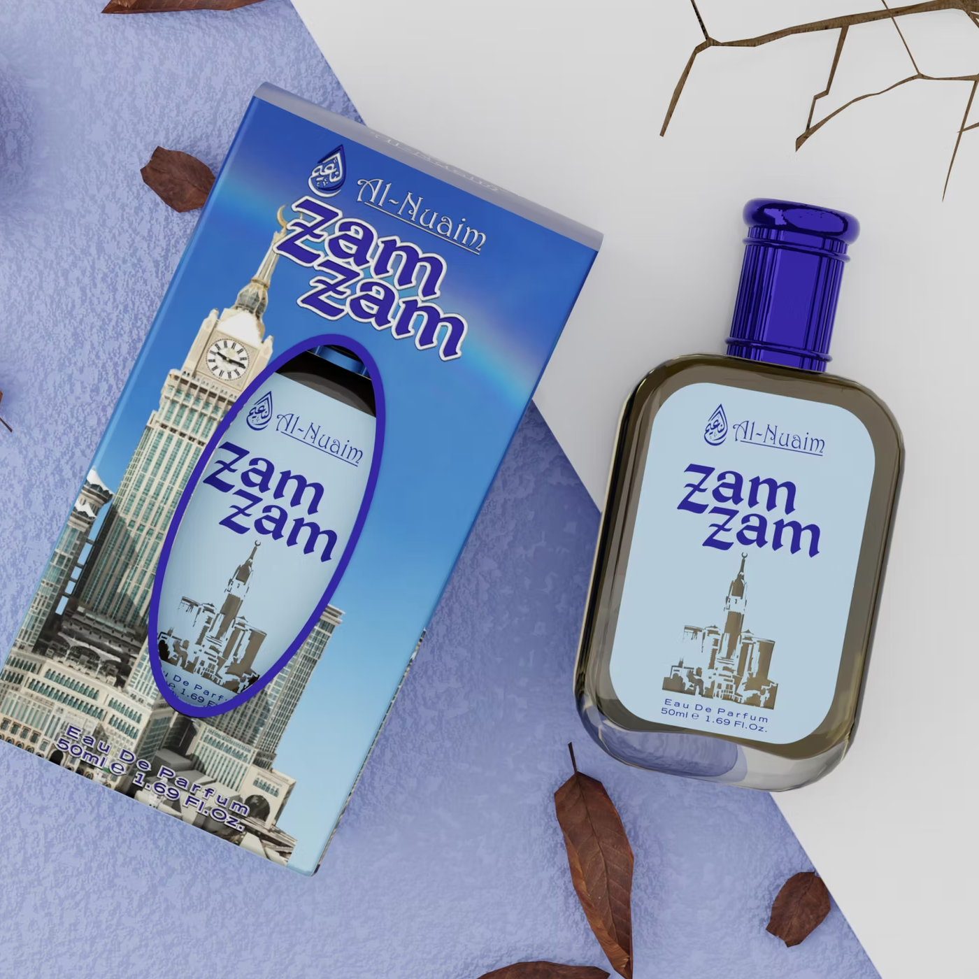 Zam Zam bottle and packaging on a light blue background with architectural elements.