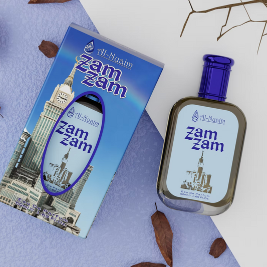 Zam Zam bottle and packaging on a light blue background with architectural elements.