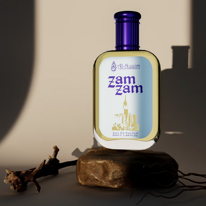 Zam Zam bottle with a purple cap on a neutral background